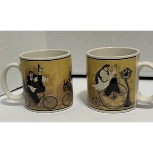 Sakura Set of 2 French Bistro Café Mugs Cyclist Art Paris Theme Coffee Cups